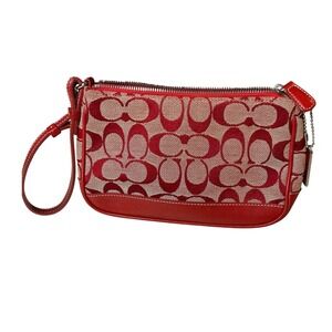 Coach Signature Monogram Red Canvas Leather Trim Wristlet Pouch Cosmetic Bag